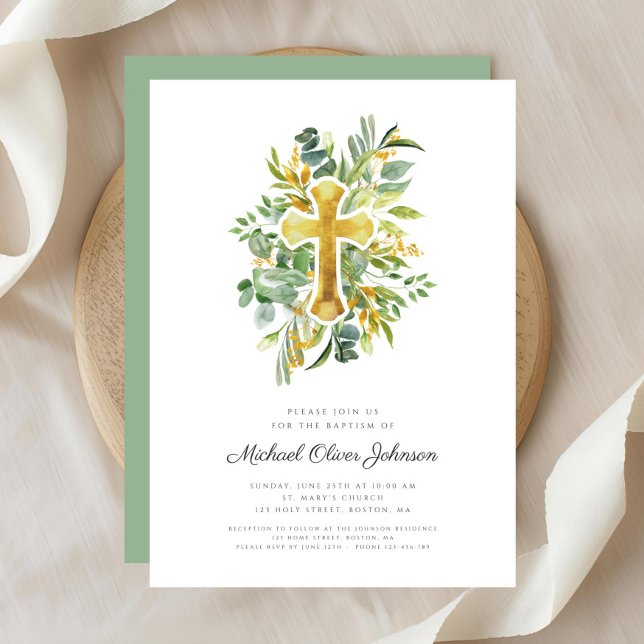 Convites Cruz Religiosa Folhagem Botânica Batismo (Religious Cross Greenery Botanical Baptism Invitation)
