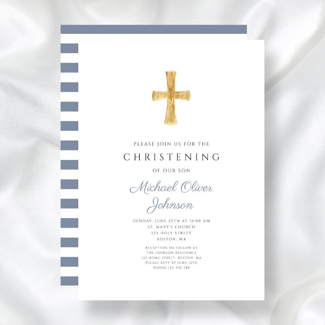 Convites Cruz Religiosa Listras Azuis Batismo Menino (Religious Cross Blue Stripes Boy Christening Invitation)
