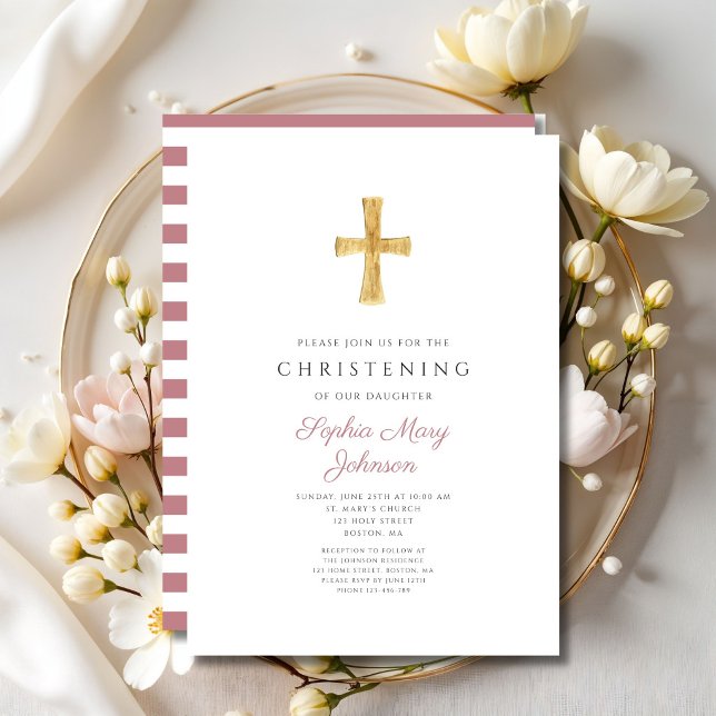 Convites Cruz Religiosa Listras Rosa Menina Batizado      (Religious Cross Pink Stripes Girl Christening Invitation)