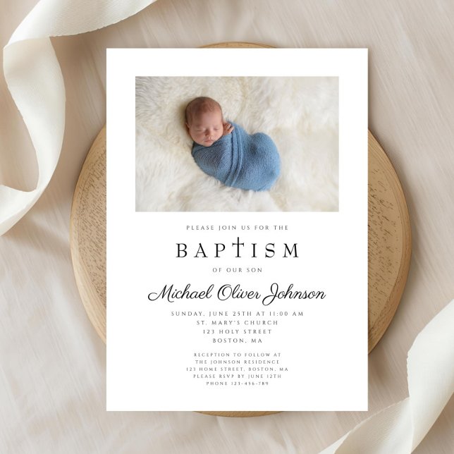 Convites Cruz Religiosa Menino Foto Batismo (Religious Cross Boy Photo Baptism Invitation)