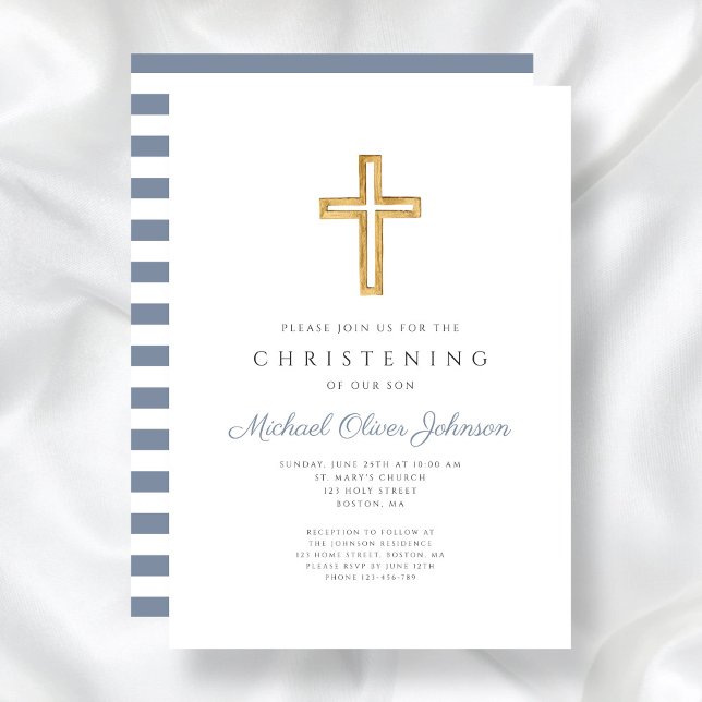Convites Cruz Religiosa Moderna Listras Azuis Batismo (Modern Religious Cross Blue Stripes Christening Invitation)