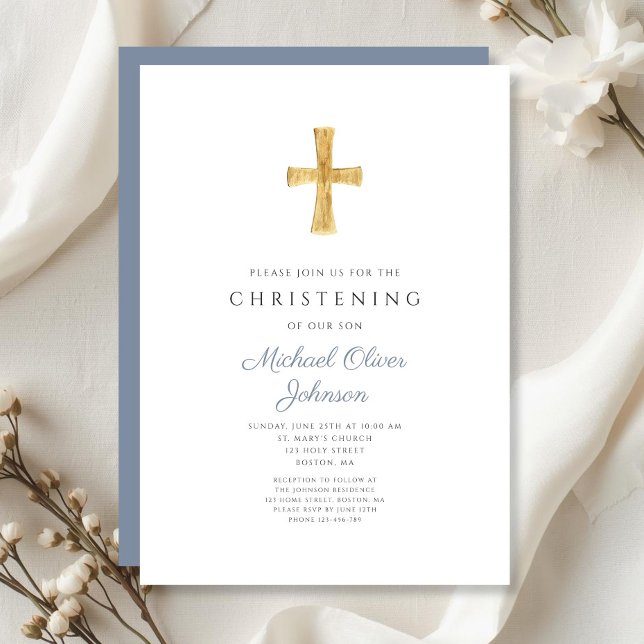 Convites Cruz Religiosa Moderna Pousio Azul Batizado (Modern Religious Cross Dusty Blue Christening Invitation)