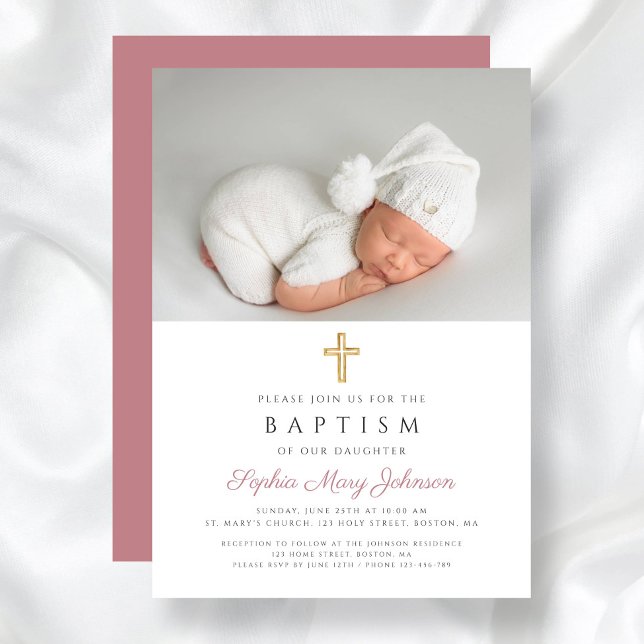 Convites Cruz Religiosa Rosa Elegante Foto de Batismo de Me (Elegant Pink Religious Cross Girl Photo Baptism Invitation)