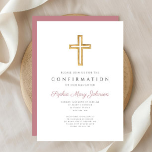 Convites Cruz Religiosa Rosa Elegante Menina Confirmação