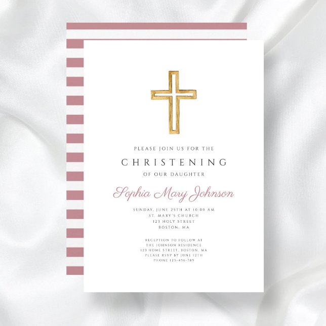 Convites Cruz Religiosa Rosa Moderna Batizado (Modern Pink Religious Cross Christening Invitation)