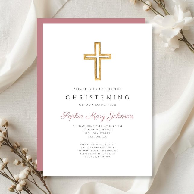 Convites Cruz Religiosa Rosa Moderna Menina Batizado (Modern Pink Religious Cross Girl Christening Invitation)