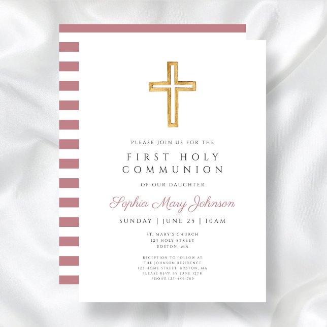 Convites Cruz Religiosa Rosa Moderna Menina Primeira Comunh (Modern Pink Religious Cross Girl First Communion Invitation)