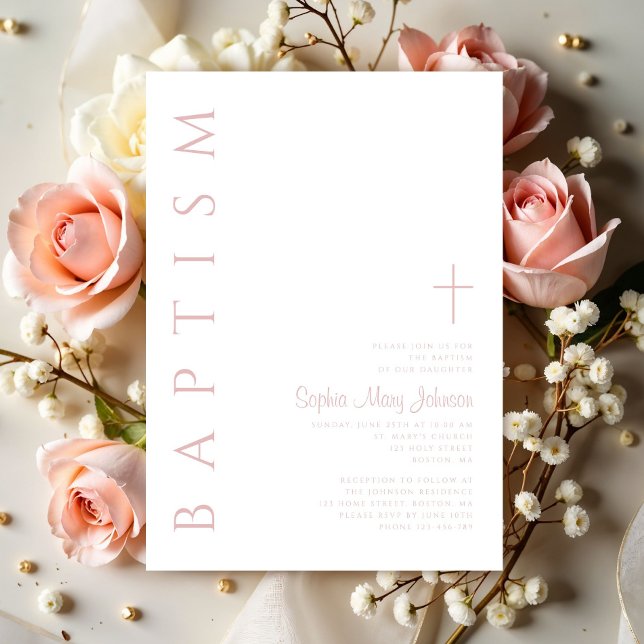 Convites Cruz Religiosa Rosa Moderno Batismo de Menina (Modern Blush Pink Religious Cross Girl Baptism Invitation)