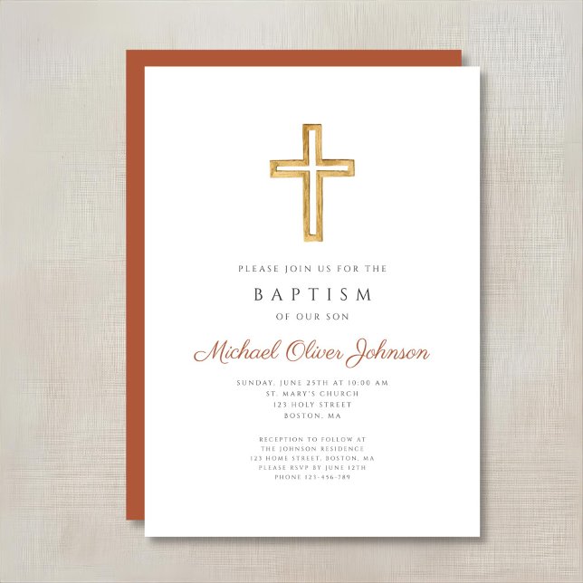 Convites Cruz Religiosa Terracota Script Batismo (Religious Cross Terracotta Script Baptism Invitation)