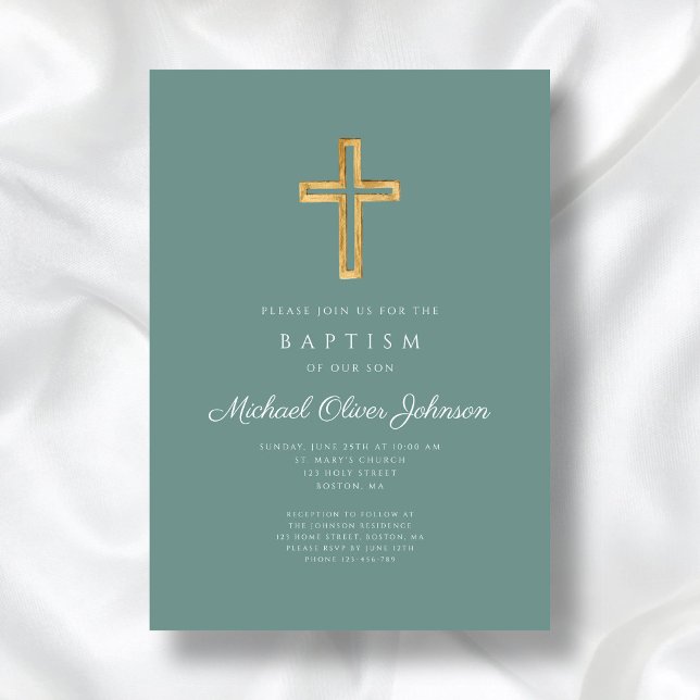 Convites Cruz Religiosa Verde Menino Batismo Roteiro (Religious Cross Green Script Boy Baptism Invitation)