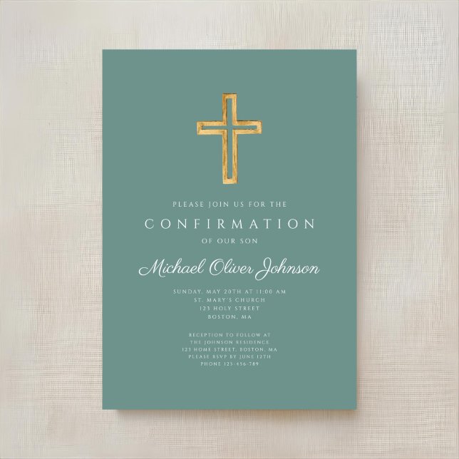Convites Cruz Religiosa Verde Moderna Confirmação Menino (Modern Green Religious Cross Boy Confirmation Invitation)