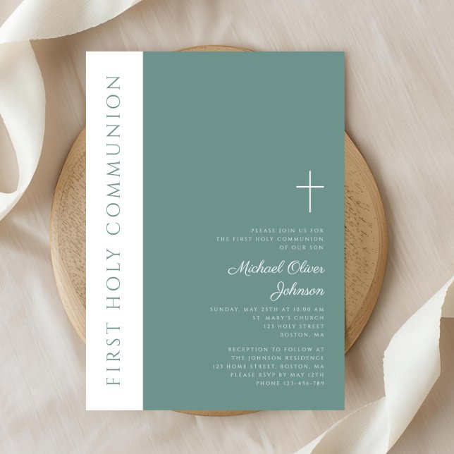Convites Cruz Religiosa Verde Moderna Menino Primeira Comun (Modern Green Religious Cross Boy First Communion Invitation)