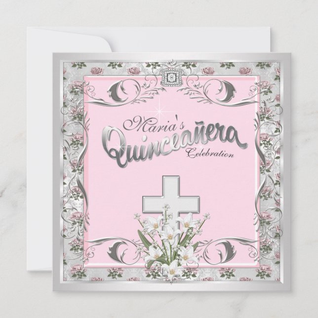 Convites Cruz Rosa Cor-de-Rosa Quinceanera (Frente)