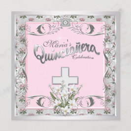 Convites Cruz Rosa Cor-de-Rosa Quinceanera