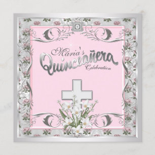 Convites Cruz Rosa Cor-de-Rosa Quinceanera