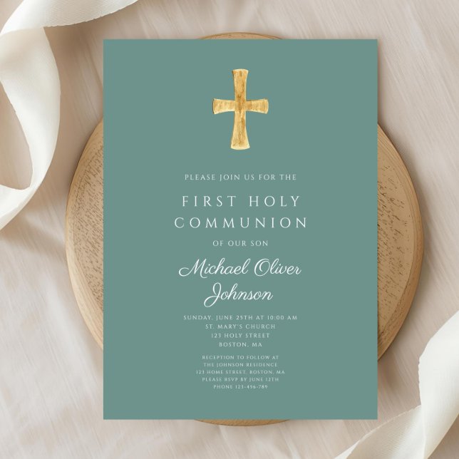 Convites Cruz Verde Elegante Menino Primeira Comunhão (Elegant Green Cross Boy First Holy Communion Invitation)