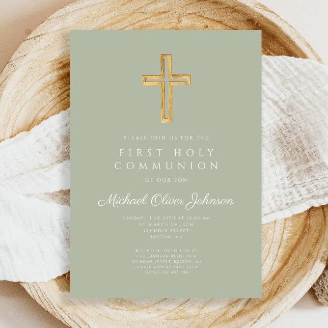 Convites Cruz Verde Sage Moderna Primeira Comunhão Religios (Modern Sage Green Cross Religious First Communion Invitation)