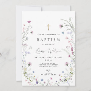 Convites Cruzamento de ouro de flor selvagem Baptismo