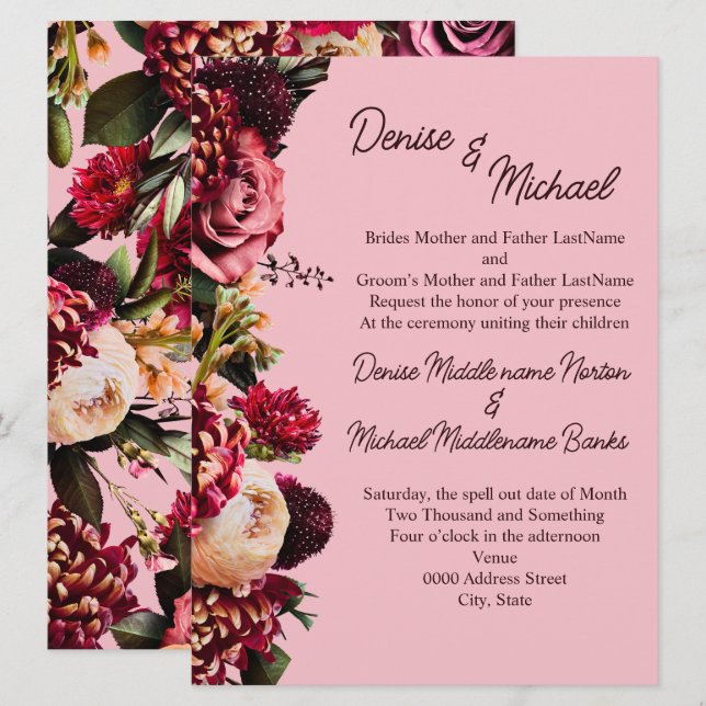 Convites Crysanthemum no Almond Blossom Rosa (Frente/Verso)