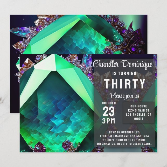 Convites Crystal Jewel Green Emerald Gemstone May Birday (Frente/Verso)