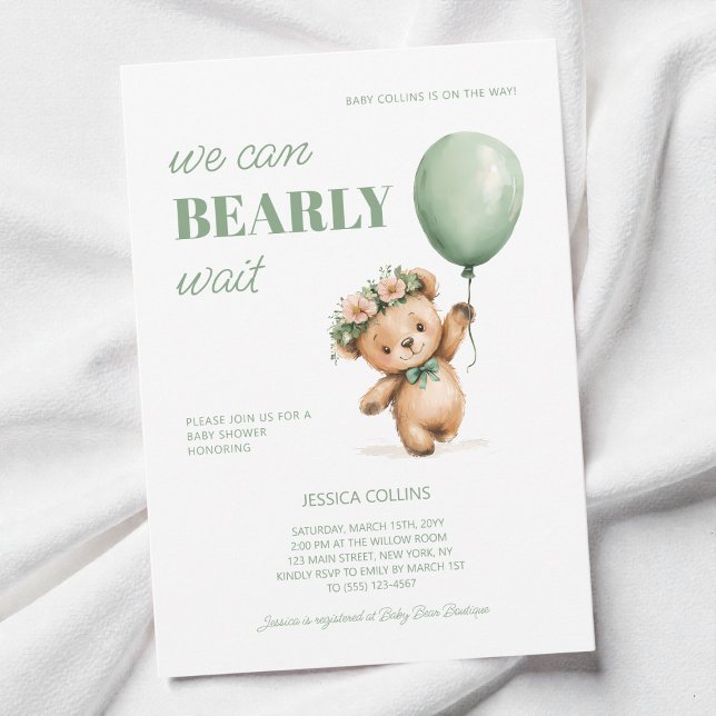 Convites Cub Cub Sage Green Podemos Ampliar Chá de fraldas  (Cute Cub Sage Green We Can Bearly Wait Baby Shower Invitation)