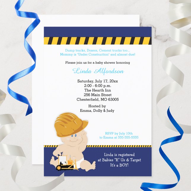 Convites Cubo Bulldozer Do Chá de fraldas De Construção (Construction Baby Shower Invitation)