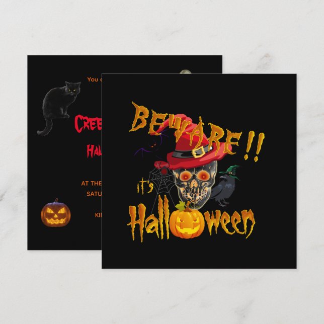 Convites Cuidado, é o Halloween Creepy & Scary Party Bash (Frente/Verso)