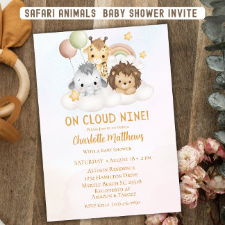 Convites Cuja Nuvem de Animais Safari Nine 9 Chás de fralda