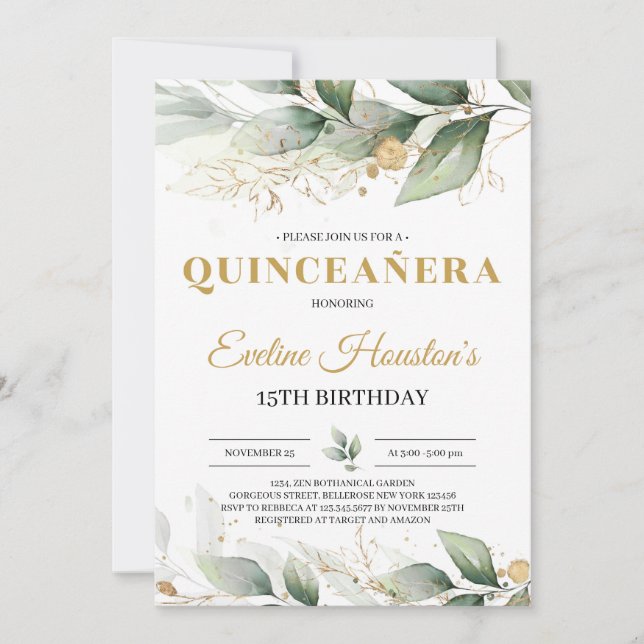 Convites Cultivo e ouro folhas eucalipto quinceanera (Frente)