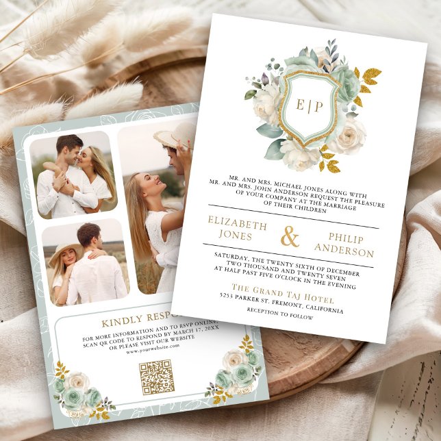 Convites Cume de Casamento Floral Marfim Verde Salvia Códig (Criador carregado)