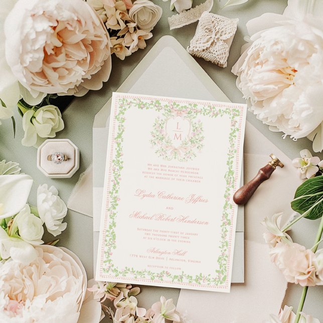 Convites Cume Doce com Laço Rosa | Casamento Monograma (Envelope shown is not the envelope style included, which has a square flap.)