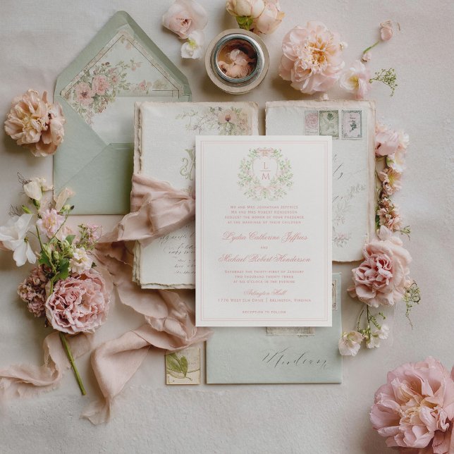Convites Cume Elegante c/ Laço Rosa | Casamento Monograma (Green envelope and other items not included.)