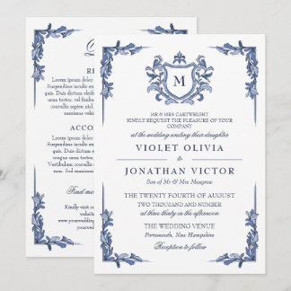 Convites Cume Monograma Vintage Azul com Detalhes para Casa