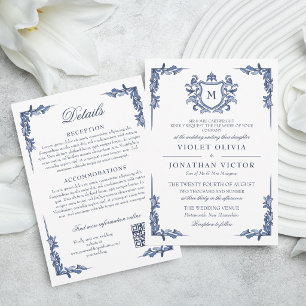 Convites Cume Monograma Vintage Azul com Detalhes para Casa