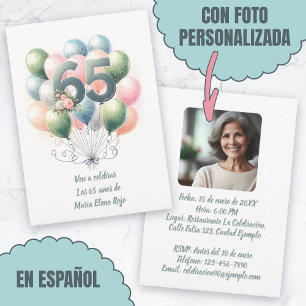 Convites Cumpleaños de 65 Años Globos Con Foto