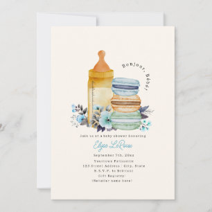 Convites Cumprimentos Bebê Macarons Leite Floral Azul Chã d
