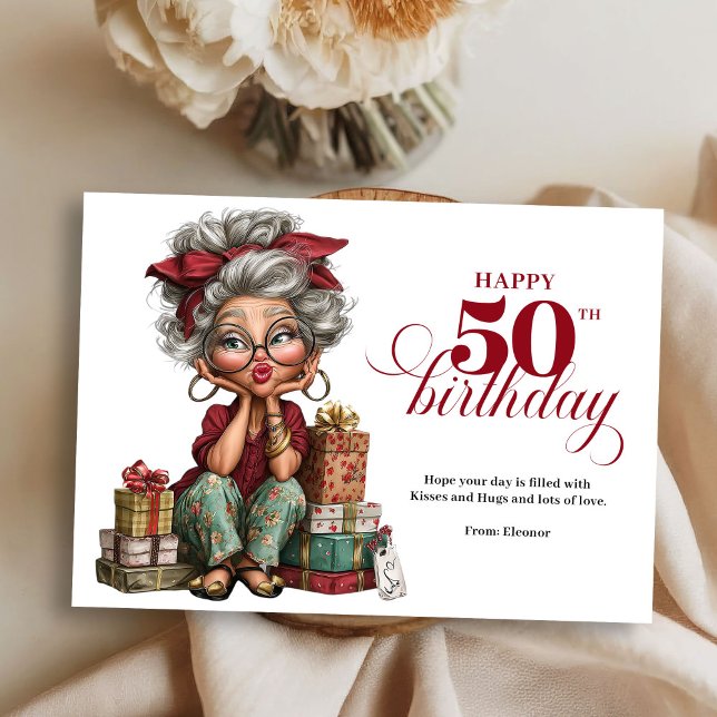 Convites Cumprindo 50 mulher excêntrica divertido cumprimen (Turning 50 quirky woman fun humorous greeting)