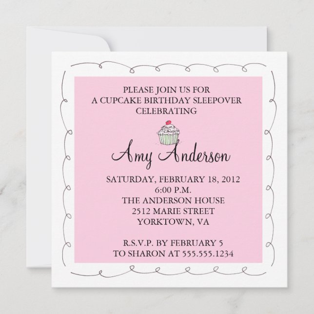 Convites Cupcake Aniversário Sleepover! (Frente)