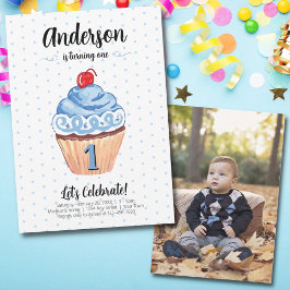 Convites Cupcake Blue Boy Photo primeiro aniversario Party