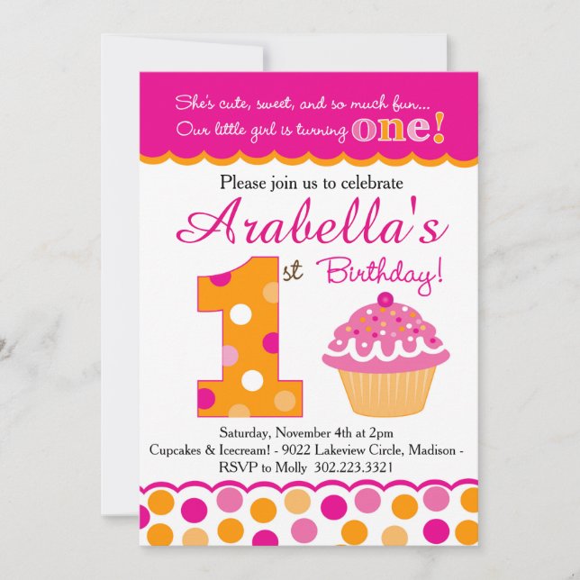 Convites Cupcake Cutie Pie (Rosa e Laranja) Primeiro Aniver (Frente)