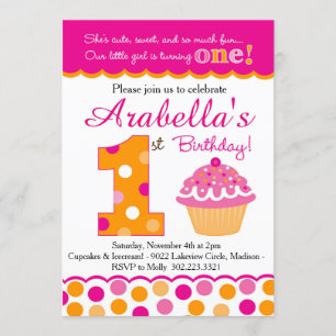 Convites Cupcake Cutie Pie (Rosa e Laranja) Primeiro Aniver