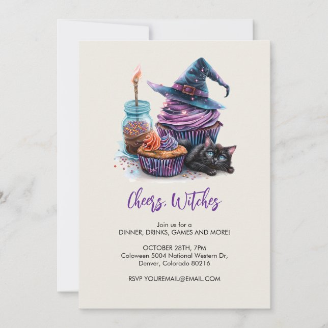 Convites Cupcake de bruxa e gato preto, Halloween (Frente)
