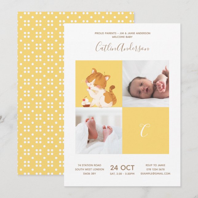 Convites Cupcake de gato - Chá de fraldas alfabético monogr (Frente/Verso)