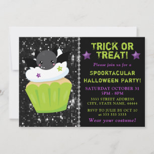 Convites Cupcake de Halloween de Morcego Fofo Festa Infanti