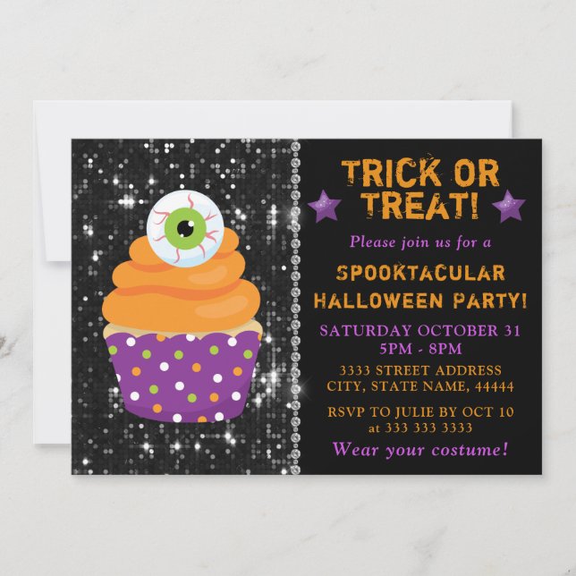 Convites Cupcake de Halloween de Olhinho Bonito Festa Infan (Frente)