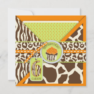 Convites Cupcake de Impressão Animal Orange Safari Sexto A
