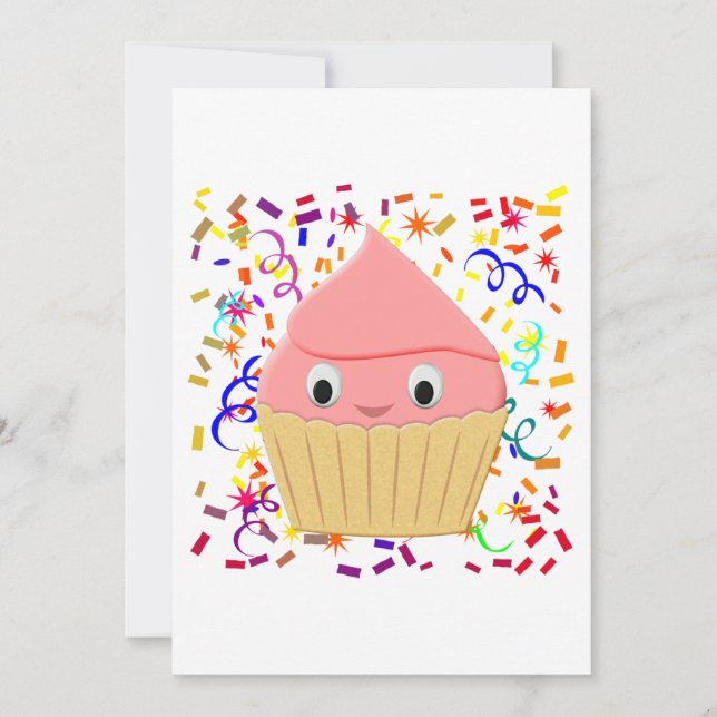 Convites Cupcake De Morango De Cartoon Bonito Com Confetti (Frente)