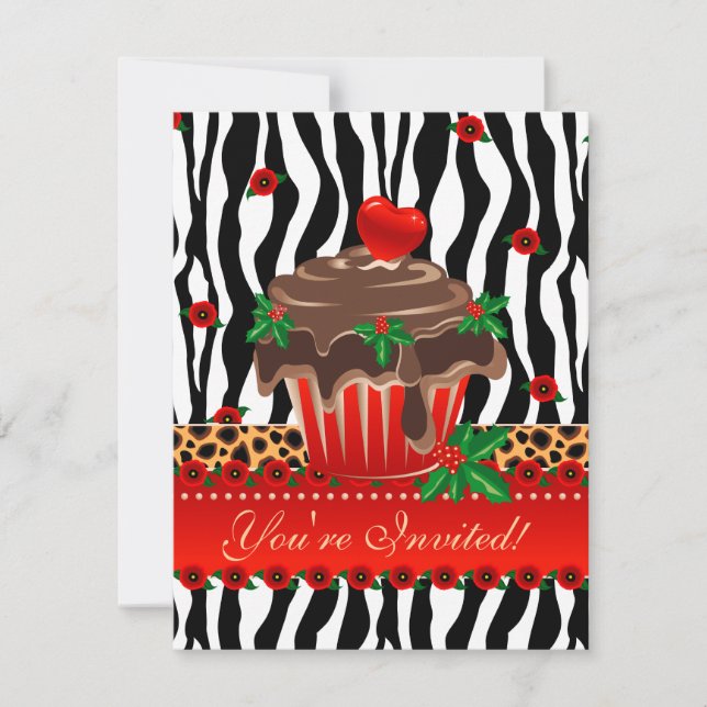 Convites Cupcake de Natal Zebra Leopard Heart Holly (Frente)