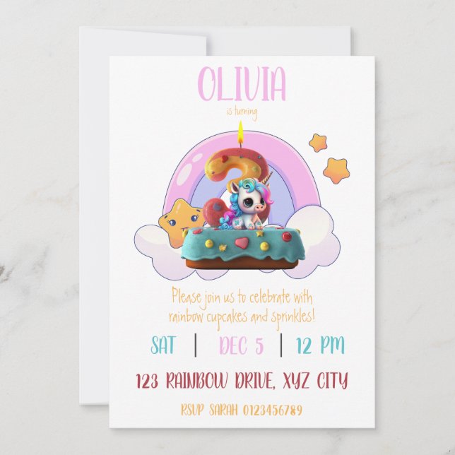 Convites Cupcake do partido Rainbow Unicorn aniversário de  (Frente)