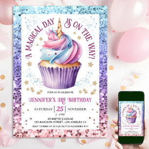 Convites Cupcake do Unicorn Glitter Rainbow   ANIVERSÁRIO D